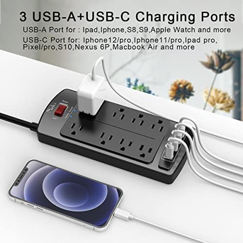 Surge Protector Power Strip - Nuetsa Flat Plug Extension Cord with 8 Outlets and 4 USB Ports, 6 Feet Power Cord (1625W/13A), 2700 Joules, ETL Listed, Black