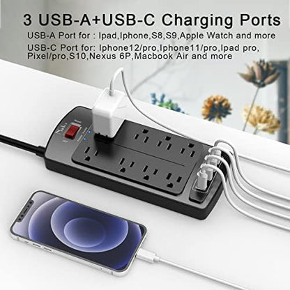 Surge Protector Power Strip - Nuetsa Flat Plug Extension Cord with 8 Outlets and 4 USB Ports, 6 Feet Power Cord (1625W/13A), 2700 Joules, ETL Listed, Black