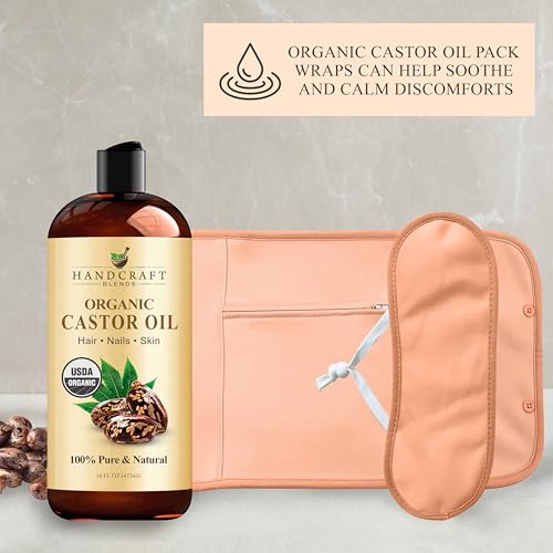 Handcraft Blends Castor Oil Pack Wrap - Organic Castor Oil 16 oz with Reusable Wraps - Durable Comfortable Pack Wraps for Neck and Stomach with Adjustable Elastic Straps