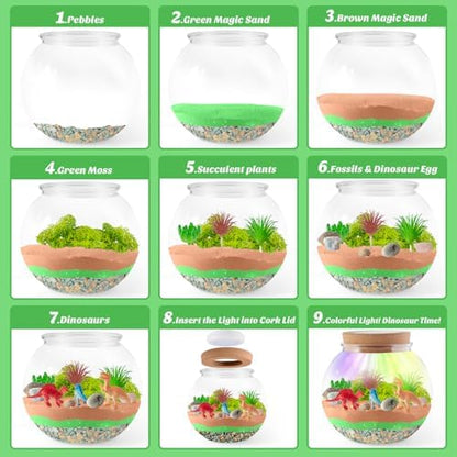 Dinosaur Light-Up Terrarium Kit for Kids - LED Night Light Birthday Gift for Boys Ages 4 5 6 7 8-12 Year Old - Dinosaur Toys for Boys - DIY Arts and Crafts Kit for Kids