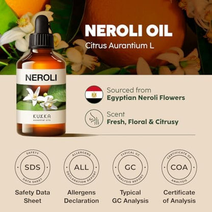 Kukka Neroli Essential Oil for Diffuser Skin - 4 Fl Oz - 100% Pure Natural Neroli Oil, Floral Scent, for Aromatherapy, Candle, Bath Bomb & Soap Making Scent DIY