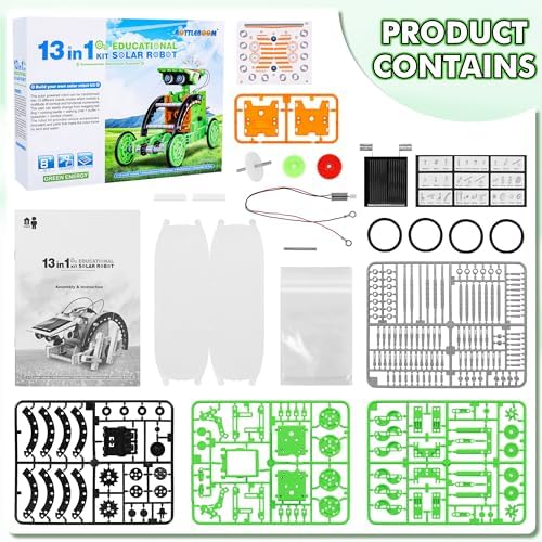 Bottleboom STEM 13-in-1 Education Solar Power Robots Toys for Boys Age 8-12, Educational Toy Science Kits for Kids Experiment Robotics Set Birthday Gifts for 8 9 10 11 12 Years Old-Green