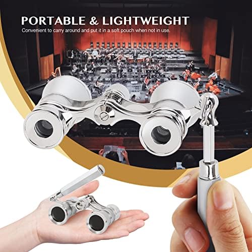 Aomekie Opera Glasses Binoculars 3X25 Lorgnette Theater Glasses Mini Binocular Compact with Handle for Adults Women in Musical Concert（Silver）