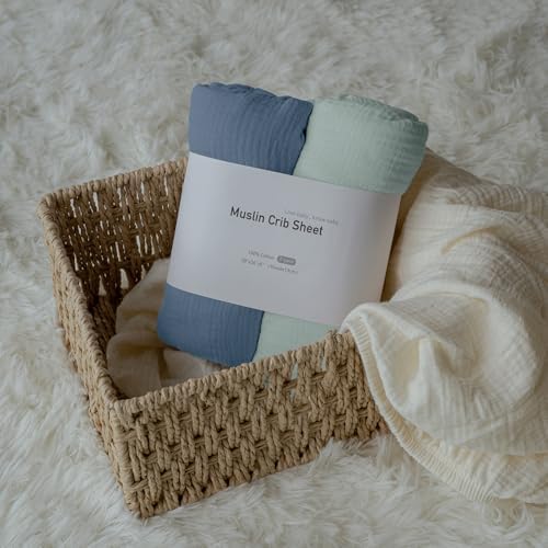 Muslin Mini Crib Sheets, 2 Pack for Baby Boy and Girl, Soft Breathable Stretchy Baby Pack N Play Mattress and Mini Cribs Sheet, Universal Fitted Portable/Mini Crib Mattresses (Bright Colors)