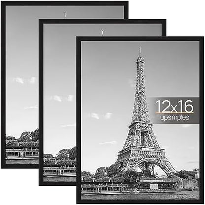 upsimples 12x16 Picture Frame Black 3 Pack, Scratch-Proof Poster Frames 12 x 16 for Photo Gallery - Slide-In Strips, Horizontal or Vertical Wall Mounting