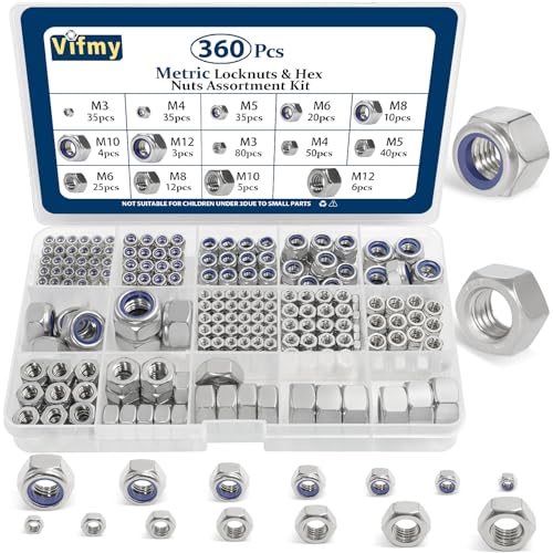 Metric Hex Nuts&Locknuts Assortment Kit(360Pcs)，M3 M4 M5 M6 M8 M10 M12 Stainless Steel Assorted Hex Nuts Sets,Bright Finish