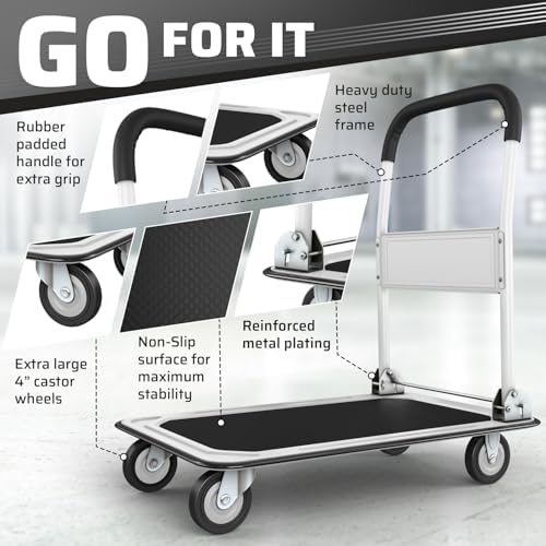 Heavy Duty Foldable Push Cart Dolly | 330 lbs. Capacity | Upgraded Collapsible Hand Truck Platform with Swivel Wheels | Flat Bed Moving Wagon | Space Saving Push Handle (White)