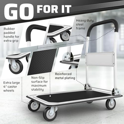 Heavy Duty Foldable Push Cart Dolly | 330 lbs. Capacity | Upgraded Collapsible Hand Truck Platform with Swivel Wheels | Flat Bed Moving Wagon | Space Saving Push Handle (White)