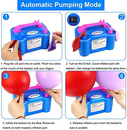 FLSEPAMB Balloon Pump, Electric Balloon Pump, Portable Dual Nozzle 110V 600W Electric Balloon Blower, Balloon Pump Electric for Party Decorations with Tying Tool, Colored Ribbons