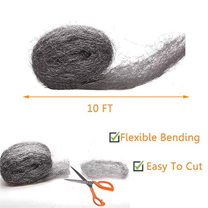 Steel Wool Fill Fabric DIY Kit, Coarse Wire Wool Hardware Cloth, Gap Blocker, Keep Mice Away from Holes/Siding/Pipeline/Vents in Garden, House, 4 Pack × 10FT
