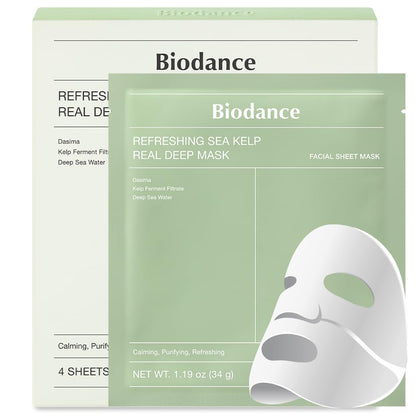 BIODANCE Refreshing Sea kelp Real Deep Mask, Overnight Hydrogel Mask, Calming, Oil & Sebum Control, Blemish Care 1.19oz(34g) x 4ea