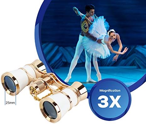 Aomekie Opera Glasses Binoculars 3X25 Theater Glasses Mini Binocular Compact with Chain for Adults Women in Musical Concert (White)