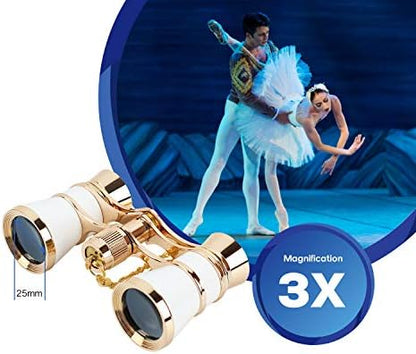 Aomekie Opera Glasses Binoculars 3X25 Theater Glasses Mini Binocular Compact with Chain for Adults Women in Musical Concert (White)