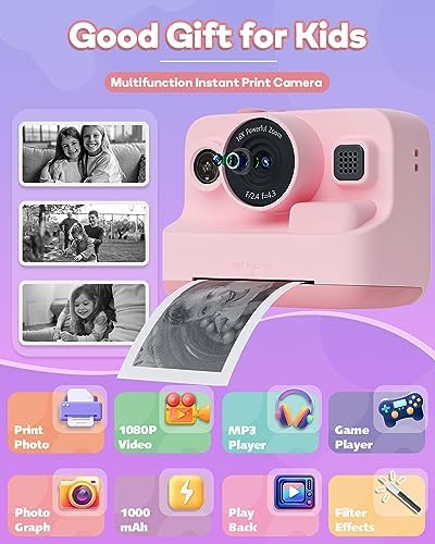 Kids Camera Instant Print,1080P Kids Instant Cameras That Print Photos,Christmas Birthday Gifts for Girls Age 3-12,Portable Toy for 3 4 5 6 7 8 9 10 Year Old Girls Boys Pink