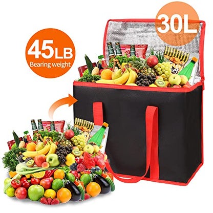 Bodaon 2-Pack Insulated Reusable Grocery Shopping Bags, X-Large Picnic Cooler Bag with Zipper Zippered Top Cold, Black with Red Edge