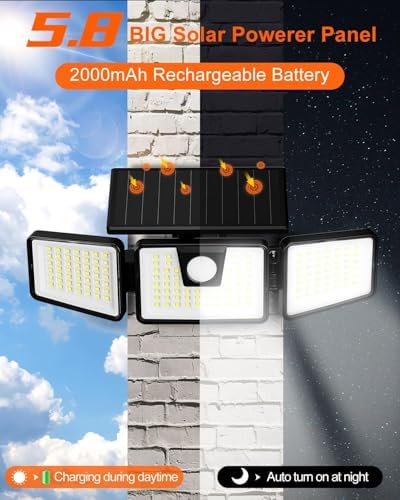 INCX Solar Lights Outdoor Waterproof, 3000 LM 156 LED Motion Sensor Outdoor Lights, 3 Heads Solar Powered Security Flood Light Motion Detected Spotlight for Patio Garage Yard Entryways, 2 Pack Black