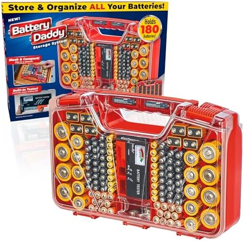 Ontel Battery Daddy Storage & Organizer Case with Tester, Stores & Protects Up to 180 Batteries, Double-Sided, Durable Design with Clear Locking Lid, Secure Latches & Portable Carrying Handle - Red