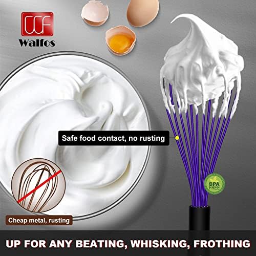 Walfos Whisk,7+9+11in Silicone Whisks for Cooking Non Scatch,Kitchen Whisk,BPA Free and Heat Resistant 480°F,Wisk Perfect for Frothing,Blending,Beating.Dishwasher Safe 3pcs Dark Purple