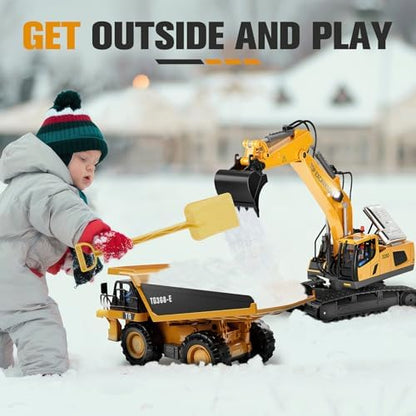 Remote Control Excavator Construction Toys for Boys, 2×1200mAh RC Construction Truck with Metal Shovel & Light, 11CH Excavator Toys for Boys 3-5 4-7 8-12 Year Old Kids Christmas Birthday Gift,120+Mins