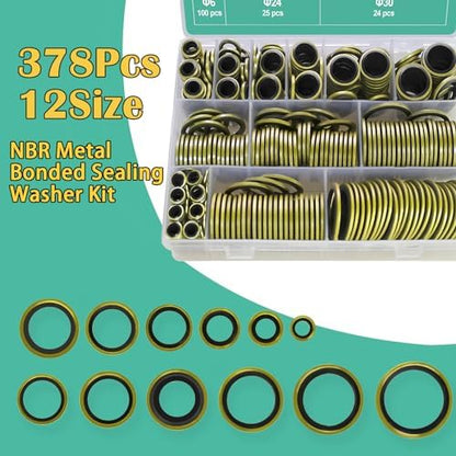 378 Pcs NBR Metal Bonded Sealing Washer Assortment Kit M6 M8 M10 M12 M14 M16 M18 M20 M22 M24 M27 M30 Automotive Self-Centred Seal Gasket Repair Set
