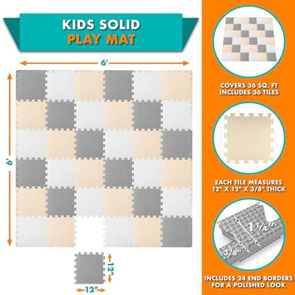 ProSource Foam Puzzle Floor Play Mat for Kids and Babies with Solid Colors, 36 or 16 Interlocking Tiles with Borders, White/Grey/Beige