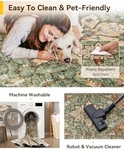 Area Rugs 5'x7' Washable Non-Slip, Floral Vintage Distress Print Pattern Medallion Carpet for Living Room Bedroom Dining Room, Brick Red Rust Neutral Brown Burnt Orange Green