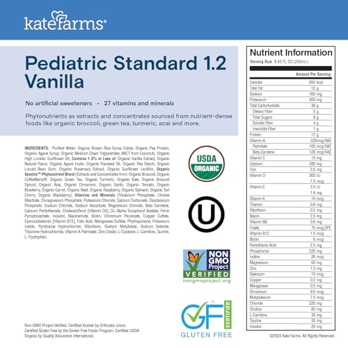 KATE FARMS Organic Pediatric 1.2 Sole-Source Vanilla Nutrition Shake, 12g protein, 27 Vitamins and Minerals, High Calorie Meal Replacement, Gluten Free, 8.45 oz (12 pack)