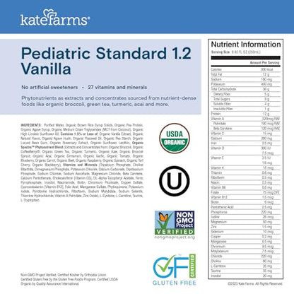 KATE FARMS Organic Pediatric 1.2 Sole-Source Vanilla Nutrition Shake, 12g protein, 27 Vitamins and Minerals, High Calorie Meal Replacement, Gluten Free, 8.45 oz (12 pack)