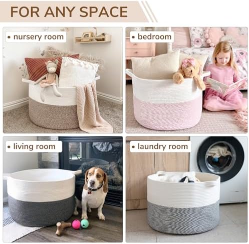INDRESSME XXXLarge Cotton Rope Basket 21.7" x 21.7" x 13.8" Woven Baby Laundry Blanket Basket Toy Baskets with Handle Storage Comforter Cushions Thread Laundry Hamper Home Decor Living Room