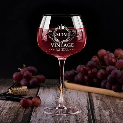 Gumry Gifts for Mom from Daughter Son, 16OZ Vintage Engraved Wine Glass Birthday Decorations Birthday Gifts Box Ideal for Women Mother
