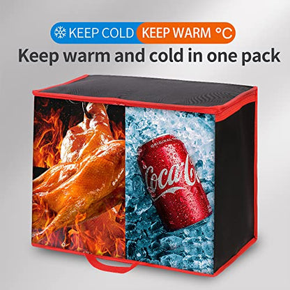 Bodaon 2-Pack Insulated Reusable Grocery Shopping Bags, X-Large Picnic Cooler Bag with Zipper Zippered Top Cold, Black with Red Edge