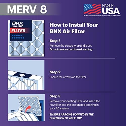 BNX TruFilter 16x25x1 Air Filter MERV 8 (6-Pack) - MADE IN USA – Dust & Pet Defense Electrostatic Pleated Air Conditioner HVAC AC Furnace Filters for Dust, Pet, Mold, Pollen MPR 600 – 700 & FPR 5