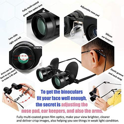 Professional Hands-Free Binocular Glasses for Fishing, Bird Watching, Sports, Concerts, Theater, Opera, TV, Sight Seeing, Hands-Free Opera Glasses for Adults (Green Film Optics)-Upgraded