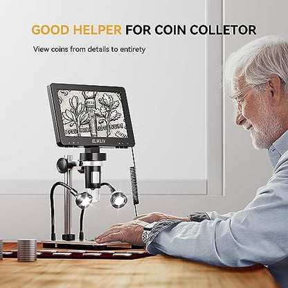 Elikliv 1200X Digital Microscope 7'' Screen, 1080P Coin Magnifier with 12MP Camera Sensor, 10 LED Lights - Microscope for Adults, Windows/Mac OS Compatible, Model EDM9