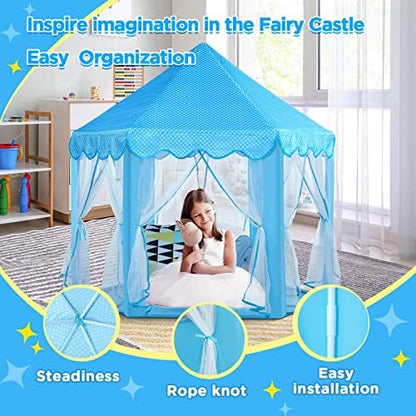 Monobeach Princess Tent Girls Large Playhouse Kids Castle Play Tent with Star Lights Toy for Children Indoor and Outdoor Games, 55'' x 53'' (DxH) (Blue Prinecss Tent with Little Star Lights)