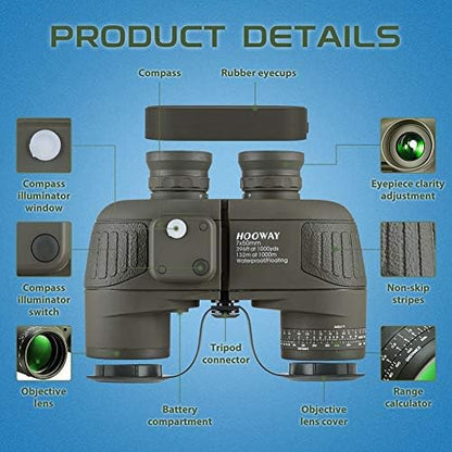 Hooway 7x50 Waterproof Floating Marine Binocular w/Internal Rangefinder & Compass for Navigation,Boating,Bird Watching and More(Army Green