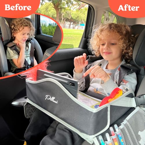 PILLANI Kids Travel Tray for Car - Car Seat Tray for Kids Travel, Road Trip Essentials - Carseat Table for Roadtrip Activities - Must Have Toddler Lap Desk Organizer for Airplane - Car Accessories