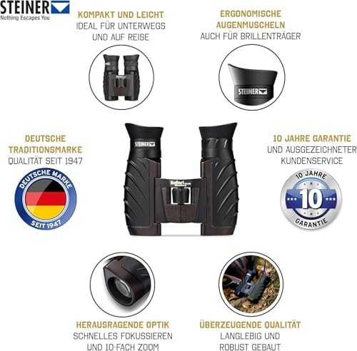 Steiner Safari UltraSharp 10 x 26 Binoculars, Compact, Large Magnification, Robust, Waterproof, Ideal for Travel, Hiking, Concerts, Sports and Nature Observation