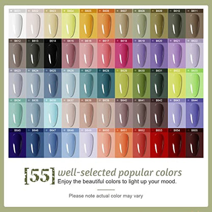 JODSONE 60 PCS Gel Nail Polish Kit with U V Light 55 Colors No Wipe Beautiful Colors Nail Gel Polish Base Top Coat Manicure Gifts for Salon and at Home