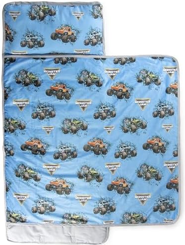 Jay Franco Toddler Nap Mat with Built-in Pillow and Blanket - Soft 46 x 20-inch Microfiber Kids Sleeping Bag for School or Sleepover, Blue - Monster Jam
