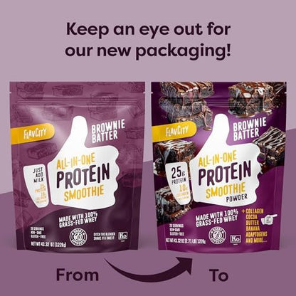 FlavCity Grass Fed Whey Chocolate Protein Powder - Brownie Batter - 25g Protein & 10g Collagen - Made with Organic Cocoa & Coconut Milk - Gluten Free & No Added Sugars (20 Servings)