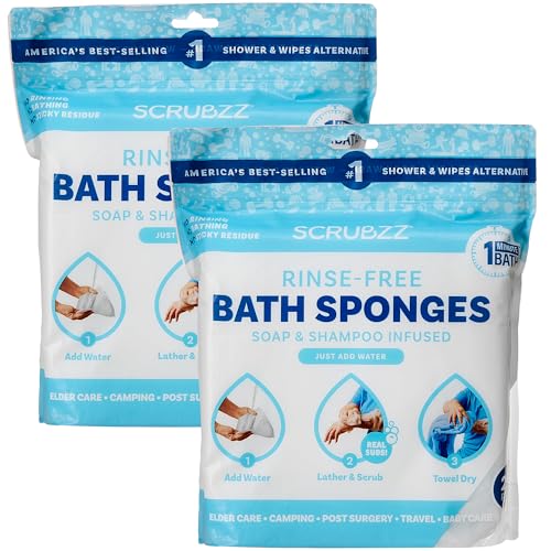 Scrubzz Disposable No Rinse Bathing Wipes - All-in-1 Single Use Shower Wipes, Simply Dampen, Lather, and Dry Without Shampoo or Rinsing (Unscented, 2-Pack)