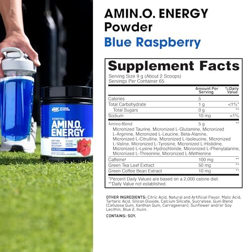 Optimum Nutrition Amino Energy - Pre Workout with Green Tea, BCAA, Amino Acids, Keto Friendly, Green Coffee Extract, Energy Powder - Blue Raspberry, 65 Servings (Packaging May Vary)