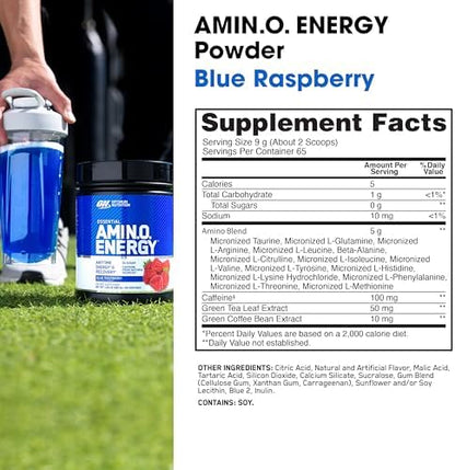 Optimum Nutrition Amino Energy - Pre Workout with Green Tea, BCAA, Amino Acids, Keto Friendly, Green Coffee Extract, Energy Powder - Blue Raspberry, 65 Servings (Packaging May Vary)
