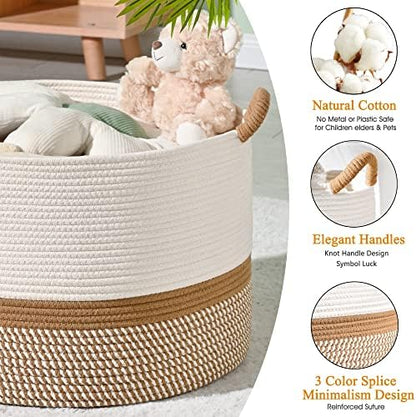 KAKAMAY Large Blanket Basket (20"x13"),Woven Baskets for storage Baby Laundry Hamper, Cotton Rope Blanket Basket for Living Room, Laundry, Nursery, Pillows, Baby Toy chest (White/Brown)