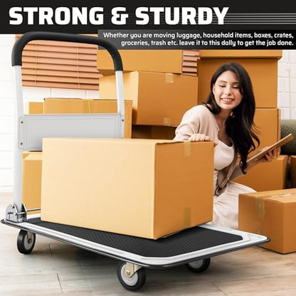 Upgraded Foldable Push Cart Dolly | 330 lbs. Capacity Moving Platform Hand Truck | Heavy Duty Space Saving Collapsible | Swivel Push Handle Flat Bed Wagon (White, 660 lbs. Capacity)