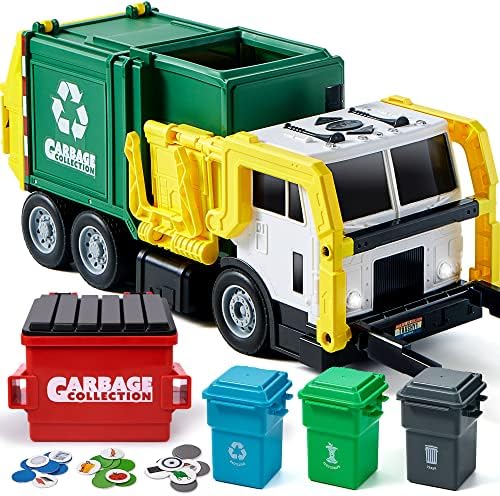 JOYIN Large Friction Powered Garbage Truck Toy Set, Includes Dumpster, Trash Bins, and Learning Cards for Kids, Boy Toys Birthday Gift for Boys Girls Kids Toddler