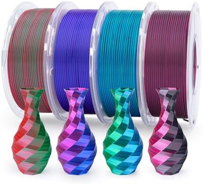 ELEGOO Silk PLA Filament Bundle 1.75mm, Dual Colors 3D Printer Filaments Dimensional Accuracy +/- 0.05mm, Multicolors 4 Pack 250g Spool Green Red/Blue Purple/Black Red/Blue Green