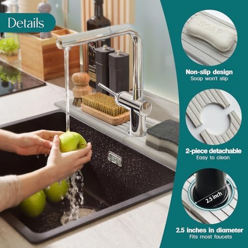 Large Faucet Mat for Kitchen Sink - Stone Drying Mat for Kitchen Counter, Diatomite Fast Drying Stone Sink Tray, Super Absorbent, Stylish Decor and Protector for Bathroom [Light Grey, 23.6" x 5.5"]