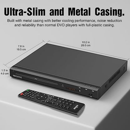 MEGATEK Region-Free HDMI DVD Player for TV, Compact CD/DVD Player for Smart TV, USB Port, Plays All Region DVDs & Multi Formats, Metal Housing, HDMI/RCA Cables & Remote Included